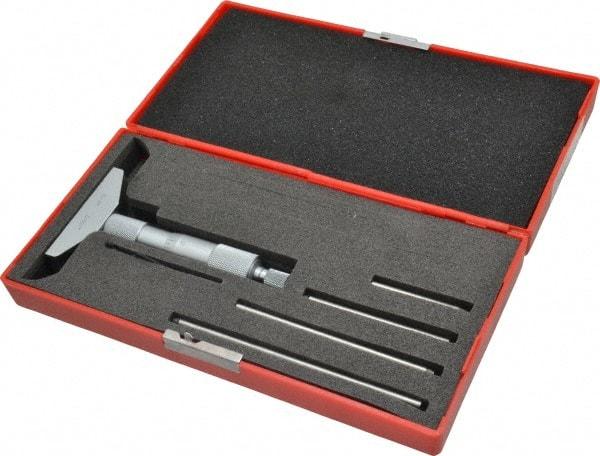 Value Collection - 0 to 4" Range, 4 Rod, Satin Chrome Finish Mechanical Depth Micrometer - Ball Thimble, 2-1/2" Base Length, 0.001" Graduation, 4.5mm Rod Diam - Eagle Tool & Supply