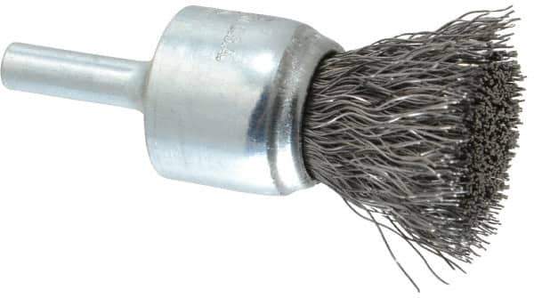 Weiler - 3/4" Brush Diam, Crimped, End Brush - 1/4" Diam Steel Shank, 22,000 Max RPM - Eagle Tool & Supply