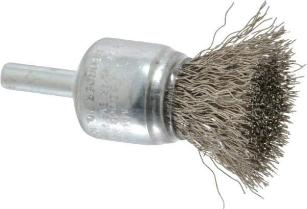 Weiler - 3/4" Brush Diam, Crimped, End Brush - 1/4" Diam Steel Shank, 22,000 Max RPM - Eagle Tool & Supply