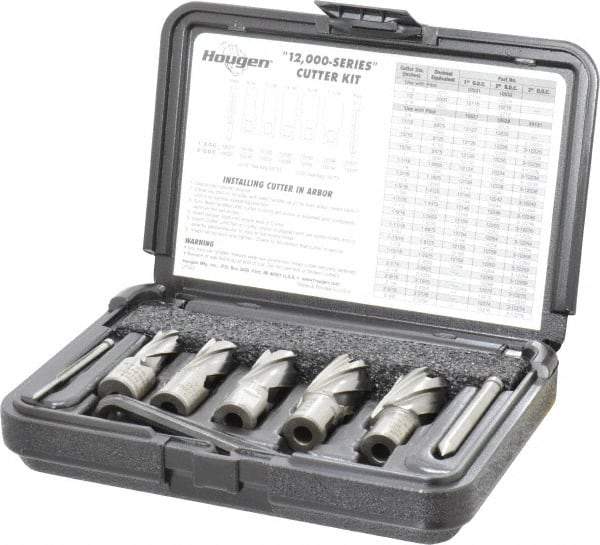 Hougen - 8 Piece, 9/16 to 1-1/16" Cutter Diam, 1" Cutting Depth, High Speed Steel Annular Cutter Set - Bright Finish, 3/4" Shank Diam, 9/16, 11/16, 13/16, 15/16, 1-1/16" Cutter Diams, 2 Flats on Shank - Eagle Tool & Supply