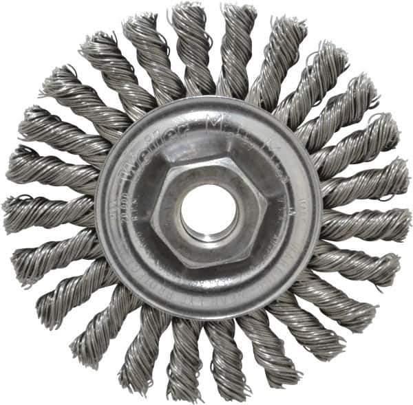 Weiler - 4" OD, 5/8-11 Arbor Hole, Knotted Steel Wheel Brush - 1/4" Face Width, 7/8" Trim Length, 0.02" Filament Diam, 20,000 RPM - Eagle Tool & Supply