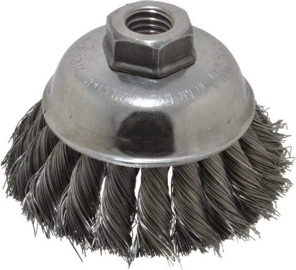 Weiler - 3-1/2" Diam, 5/8-11 Threaded Arbor, Steel Fill Cup Brush - 0.014 Wire Diam, 1-1/4" Trim Length, 9,000 Max RPM - Eagle Tool & Supply
