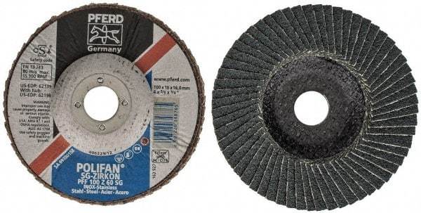 PFERD - 60 Grit, 4" Disc Diam, 5/8" Center Hole, Type 27 Zirconia Alumina Flap Disc - 15,300 Max RPM, Fiberglass Backing, Arbor Attaching System, Coated - Eagle Tool & Supply