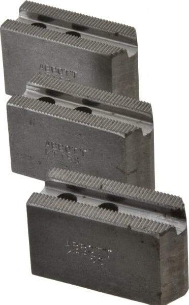 Abbott Workholding Products - 5" & Up Chuck Capacity, 1.5mm x 60° Serrated Attachment, Square Soft Lathe Chuck Jaw - 3 Jaws, Steel, 0.7087" Btw Mount Hole Ctrs, 2-1/2" Long x 1" Wide x 1-1/2" High, 0.3937" Groove, 0.315" & 8mm Fastener - Eagle Tool & Supply