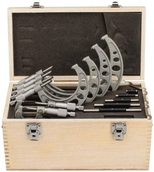 Value Collection - 0 to 6" Range, 6 Piece Mechanical Outside Micrometer Set - 0.0001" Graduation, 0.0001" Accuracy, Ratchet Stop Thimble, Steel Face - Eagle Tool & Supply