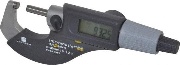 TESA Brown & Sharpe - 0 to 1.2" Range, 0.0001" Resolution, Standard Throat, Electronic Outside Micrometer - 0.0002" Accuracy, Friction Thimble, Carbide Tipped Face, CR2030 Battery, Includes Plastic Case - Eagle Tool & Supply