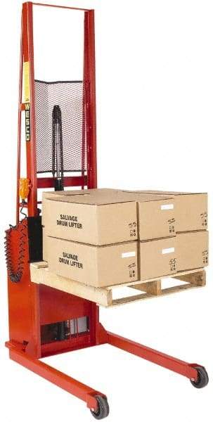 Wesco Industrial Products - 1,000 Lb Capacity, 64" Lift Height, Battery Powered Stacker - 3/4" Lowered Height, 13" Load Center, 25" Fork Length, 25" Overall Width - Eagle Tool & Supply