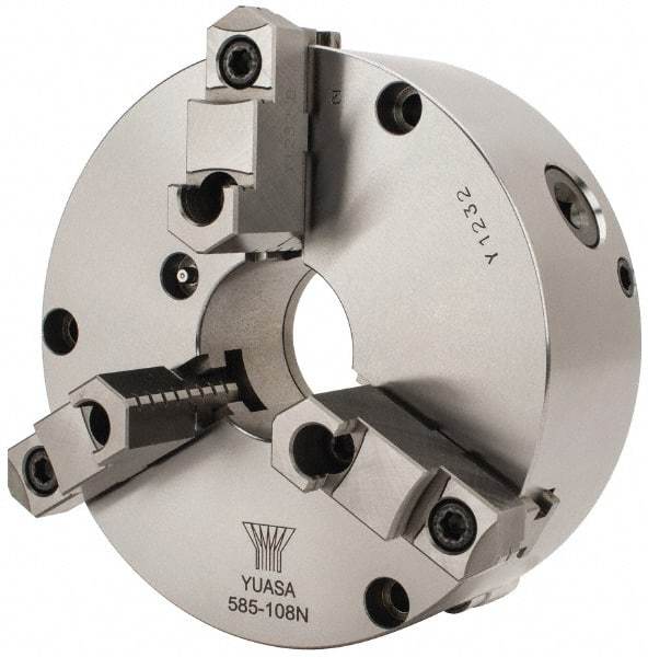 Yuasa - 3 Jaws, 8" Diam, Self Centering Manual Lathe Chuck - Plain Back Mount Spindle, Adjustable, Reversible, 2.4803" Through Hole Diam, 0.0005" Axial Runout, Cast Iron - Eagle Tool & Supply