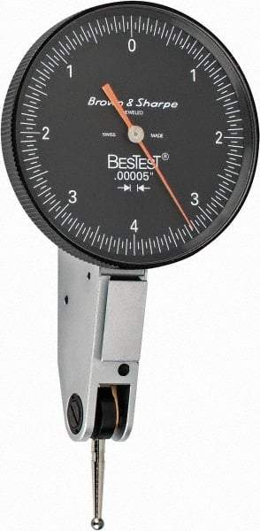 TESA Brown & Sharpe - 0.008 Inch Range, 0 Inch Dial Graduation, Horizontal Dial Test Indicator - 1-1/2 Inch Black Dial, 0-4-0 Dial Reading - Eagle Tool & Supply