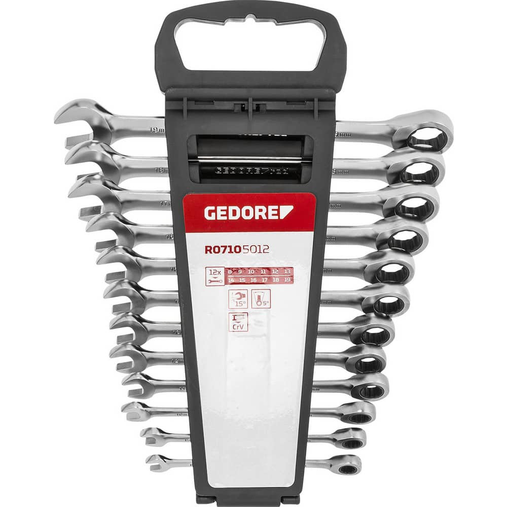Wrench Sets; Set Type: Combination Ratchet Wrench Set; Wrench Size: 8 - 19 mm; Material: Vanadium Steel; Finish: Chrome-Plated; Overall Length: 12.59 in; Non-sparking: No; Corrosion-resistant: Yes; Ratcheting: Yes; Head Offset Angle: 15 ™; Includes: 11;