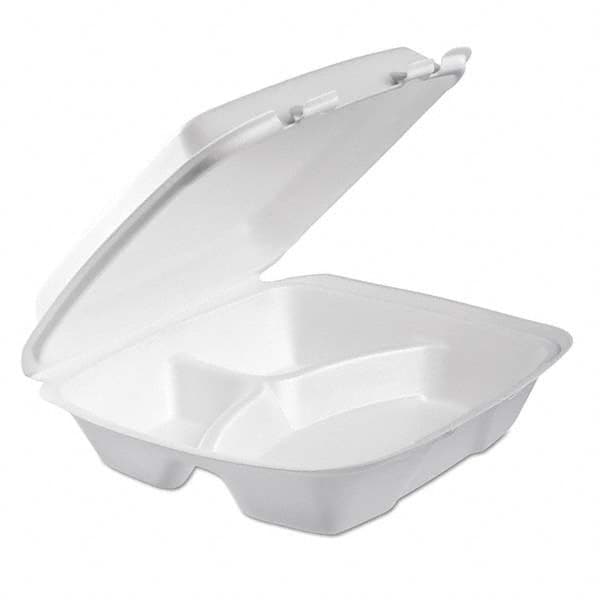 DART - Foam Hinged Lid Container, 3-Comp, 9 x 9 2/5 x 3, White, 100/Bag, 2 Bag/Carton - Eagle Tool & Supply