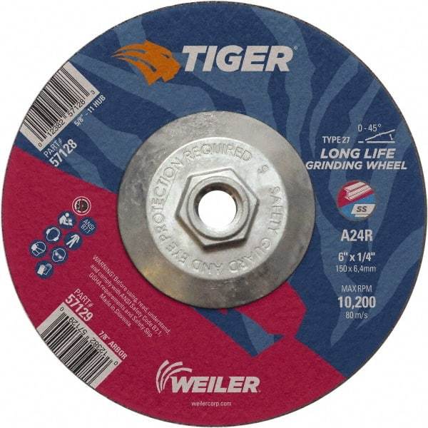 Weiler - 24 Grit, 6" Wheel Diam, Type 27 Depressed Center Wheel - Medium Grade, Aluminum Oxide, R Hardness, 10,200 Max RPM - Eagle Tool & Supply