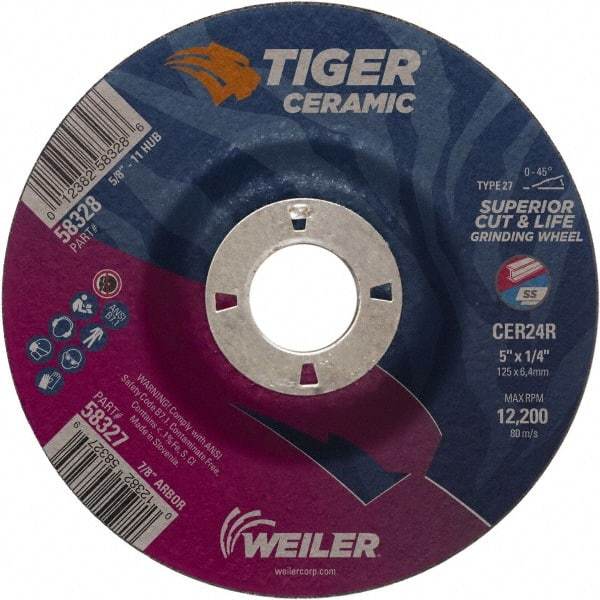 Weiler - 24 Grit, 5" Wheel Diam, 7/8" Arbor Hole, Type 27 Depressed Center Wheel - Medium Grade, Ceramic, R Hardness, 12,200 Max RPM - Eagle Tool & Supply