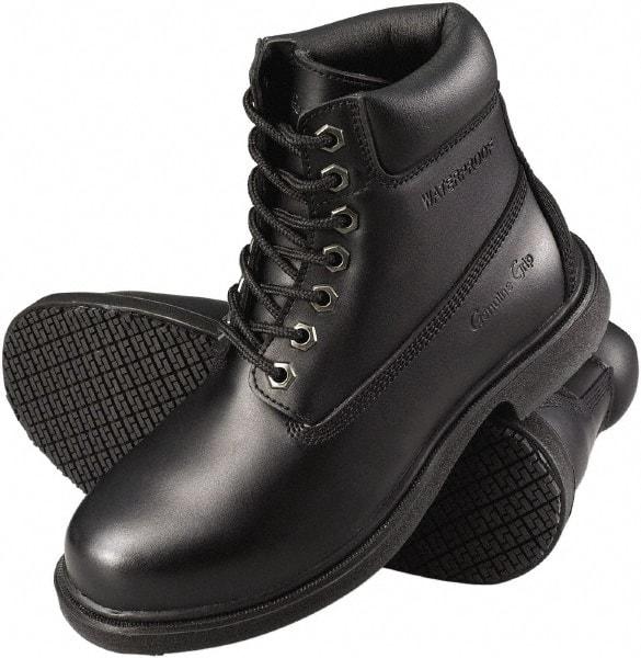 Genuine Grip - Men's Size 9.5 Wide Width Plain Work Boot - Black, Leather Upper, Rubber Outsole, 6" High, Dielectric, Non-Slip, Waterproof - Eagle Tool & Supply