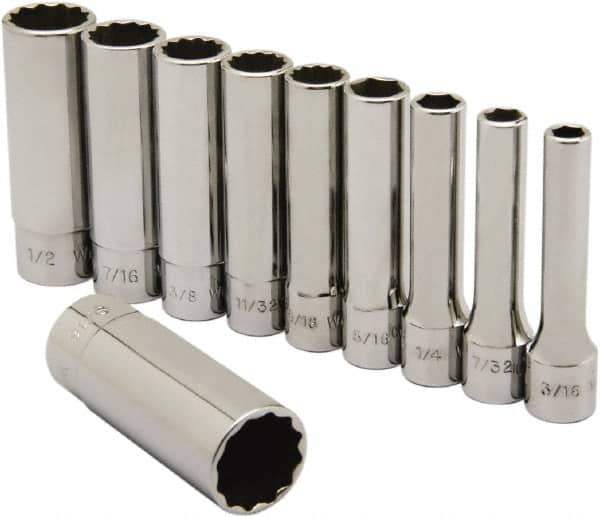 Ability One - 1/4" Drive Deep Well Socket Set - 6, 12 Points, 3/16" to 9/16" Range, Inch Measurement Standard - Eagle Tool & Supply