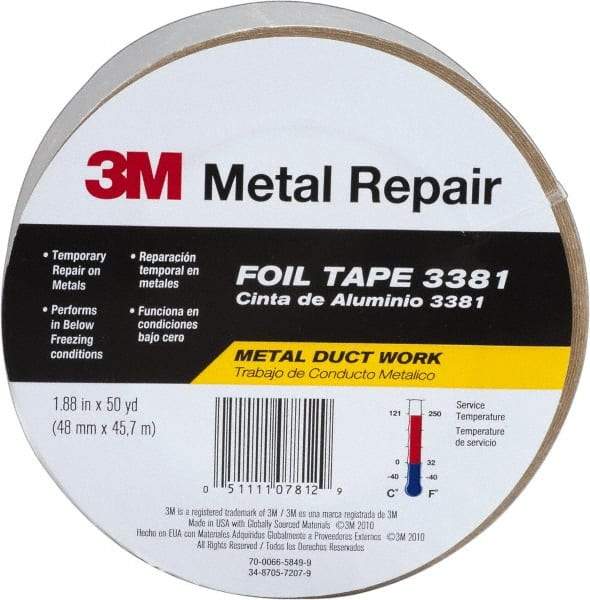 3M - 2" x 50 Yds Silver Foil Tape - 2.7 mil, Acrylic Adhesive, Aluminum Foil Backing, 10 Lb/ln Tensile Strength, -30°F to 260°F, Series 3381 - Eagle Tool & Supply