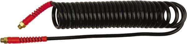 PRO-SOURCE - 1/4" ID, 1/4 Thread, 15' Long, Black Polyurethane Coiled & Self Storing Hose - 145 Max psi, Male Swivel x Male Swivel - Eagle Tool & Supply