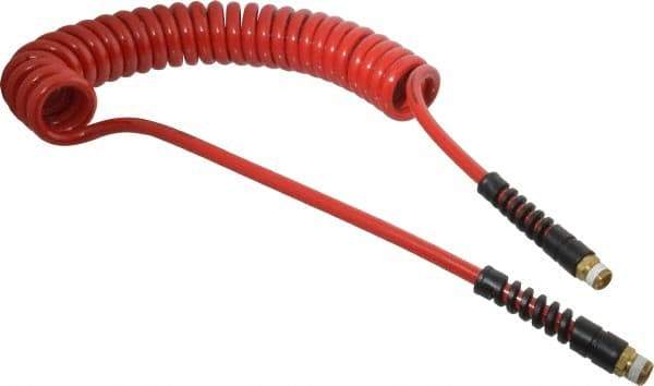 PRO-SOURCE - 5/16" ID, 3/8 Thread, 15' Long, Red Polyurethane Coiled & Self Storing Hose - 185 Max psi, Male Swivel x Male Swivel - Eagle Tool & Supply