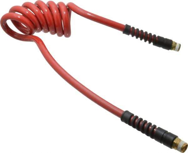 PRO-SOURCE - 3/8" ID, 3/8 Thread, 5' Long, Red Polyurethane Coiled & Self Storing Hose - 200 Max psi, Male Swivel x Male Swivel - Eagle Tool & Supply