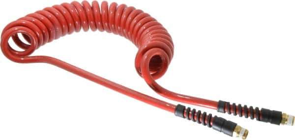 PRO-SOURCE - 3/8" ID, 3/8 Thread, 15' Long, Red Polyurethane Coiled & Self Storing Hose - 200 Max psi, Male Swivel x Male Swivel - Eagle Tool & Supply