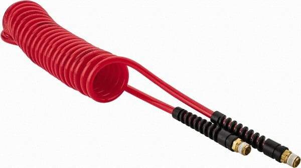 PRO-SOURCE - 1/4" ID, 1/4 Thread, 15' Long, Red Polyurethane Coiled & Self Storing Hose - 147 Max psi, Male Swivel x Male Swivel - Eagle Tool & Supply