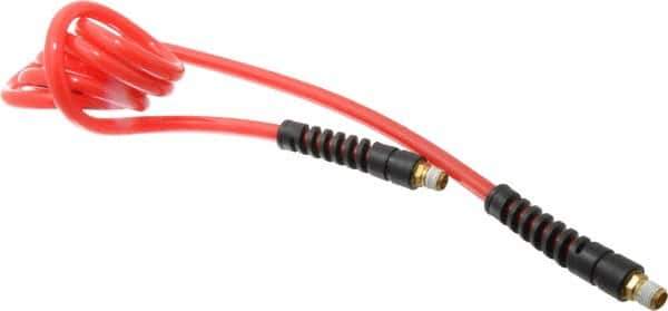 PRO-SOURCE - 5/16" ID, 1/4 Thread, 5' Long, Red Polyurethane Coiled & Self Storing Hose - 120 Max psi, Male Swivel x Male Swivel - Eagle Tool & Supply
