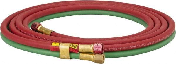 Parker - 1/4" Inside x 17/32" Outside Diam, Grade T Welding Hose - Green & Red, 12-1/2' Long, Twin Style, 200 psi Working Pressure - Eagle Tool & Supply