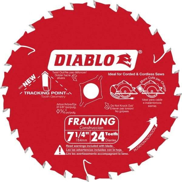 Freud - 7-1/4" Diam, 5/8" Arbor Hole Diam, 24 Tooth Wet & Dry Cut Saw Blade - Carbide-Tipped, Standard Round Arbor - Eagle Tool & Supply