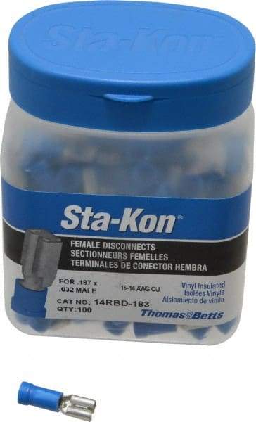 Thomas & Betts - 16 to 14 AWG, Vinyl, Fully Insulated, Female Wire Disconnect - 3/16 Inch Wide Tab, Blue, CSA Certified, RoHS Compliant, UL 94 V-0, UL File E66716, UL Listed - Eagle Tool & Supply