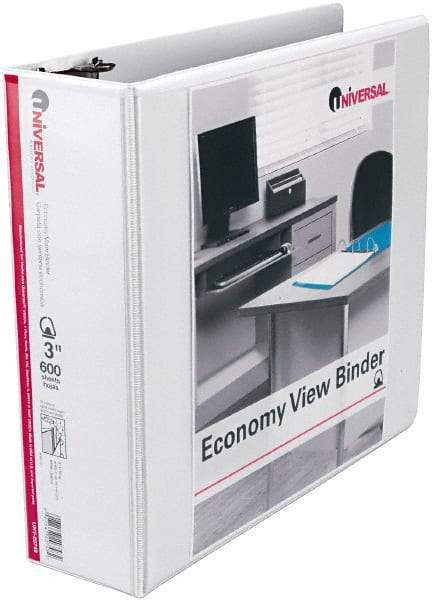 UNIVERSAL - 3" Sheet Capacity, 11 x 8-1/2", View Ring Binder - Vinyl, White - Eagle Tool & Supply