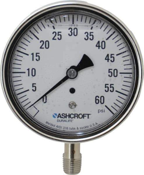 Ashcroft - 3-1/2" Dial, 1/4 Thread, 0-60 Scale Range, Pressure Gauge - Lower Connection Mount, Accurate to 1% of Scale - Eagle Tool & Supply