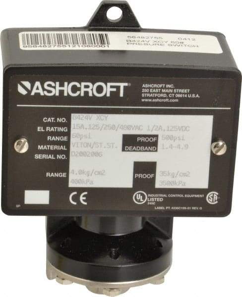 Ashcroft - 9 to 60 psi Adjustable Range, 500 Max psi, Watertight Single Setpoint - 1/4 Thread - Eagle Tool & Supply