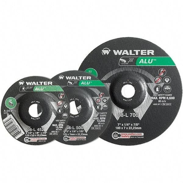 WALTER Surface Technologies - 24 Grit, 7" Wheel Diam, 1/8" Wheel Thickness, Type 27 Depressed Center Wheel - Aluminum Oxide, Resinoid Bond, 8,600 Max RPM - Eagle Tool & Supply