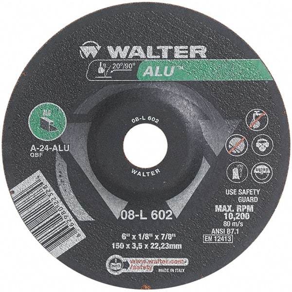 WALTER Surface Technologies - 24 Grit, 6" Wheel Diam, 1/8" Wheel Thickness, 7/8" Arbor Hole, Type 27 Depressed Center Wheel - Aluminum Oxide, Resinoid Bond, 10,200 Max RPM - Eagle Tool & Supply