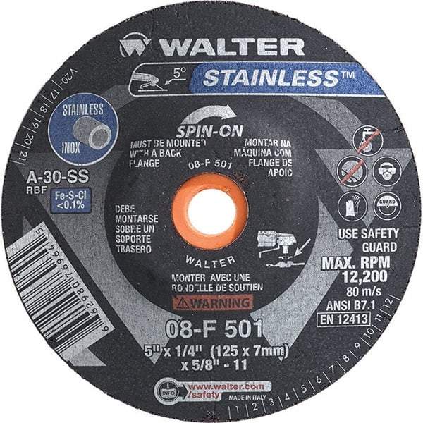 WALTER Surface Technologies - 30 Grit, 5" Wheel Diam, 1/4" Wheel Thickness, Type 28 Depressed Center Wheel - Aluminum Oxide, Resinoid Bond, 12,200 Max RPM - Eagle Tool & Supply