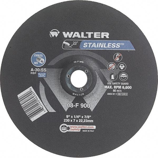 WALTER Surface Technologies - 30 Grit, 9" Wheel Diam, 1/4" Wheel Thickness, 7/8" Arbor Hole, Type 27 Depressed Center Wheel - Aluminum Oxide, Resinoid Bond, 6,600 Max RPM - Eagle Tool & Supply