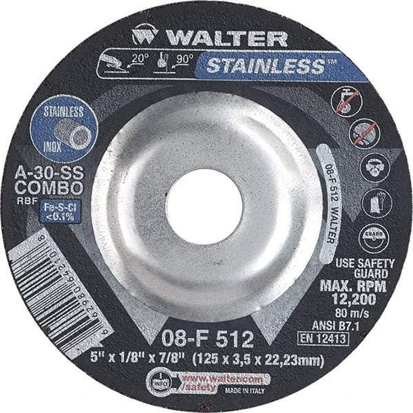 WALTER Surface Technologies - 30 Grit, 5" Wheel Diam, 1/8" Wheel Thickness, 7/8" Arbor Hole, Type 27 Depressed Center Wheel - Aluminum Oxide, Resinoid Bond, 12,200 Max RPM - Eagle Tool & Supply