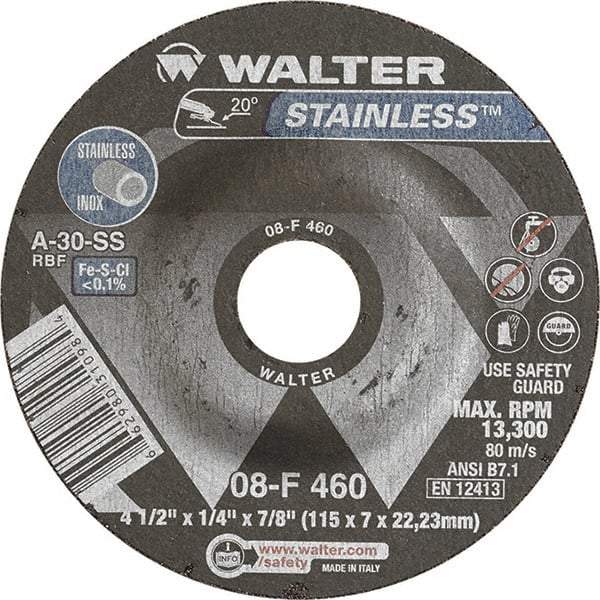 WALTER Surface Technologies - 30 Grit, 4-1/2" Wheel Diam, 1/4" Wheel Thickness, 7/8" Arbor Hole, Type 27 Depressed Center Wheel - Aluminum Oxide, Resinoid Bond, 13,300 Max RPM - Eagle Tool & Supply