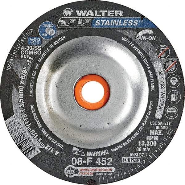 WALTER Surface Technologies - 30 Grit, 4-1/2" Wheel Diam, 1/8" Wheel Thickness, Type 27 Depressed Center Wheel - Aluminum Oxide, Resinoid Bond, 13,300 Max RPM - Eagle Tool & Supply