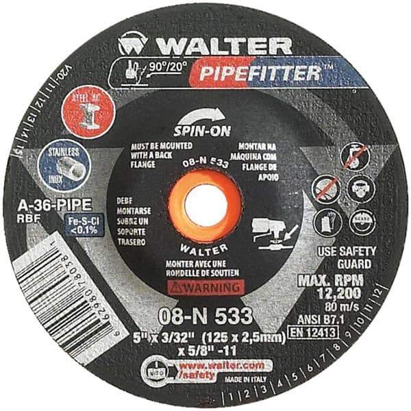 WALTER Surface Technologies - 36 Grit, 5" Wheel Diam, 3/32" Wheel Thickness, Type 27 Depressed Center Wheel - Aluminum Oxide/Silicon Carbide Blend, Resinoid Bond, 12,200 Max RPM - Eagle Tool & Supply