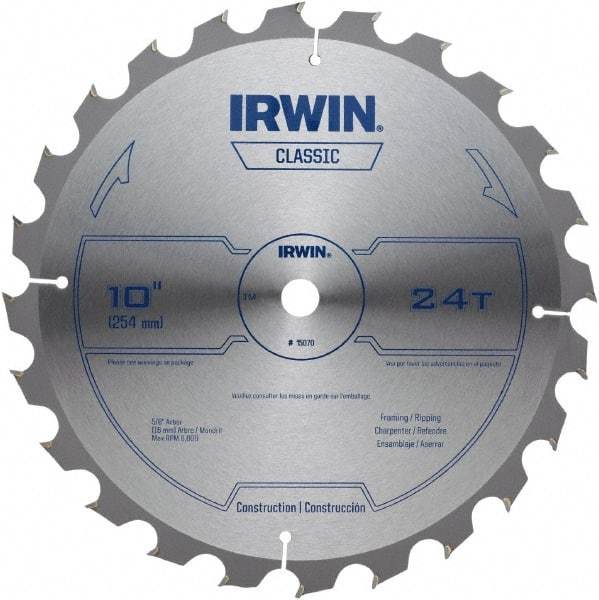 Irwin - 10" Diam, 5/8" Arbor Hole Diam, 24 Tooth Wet & Dry Cut Saw Blade - Carbide-Tipped, Smooth Action, Diamond Arbor - Eagle Tool & Supply