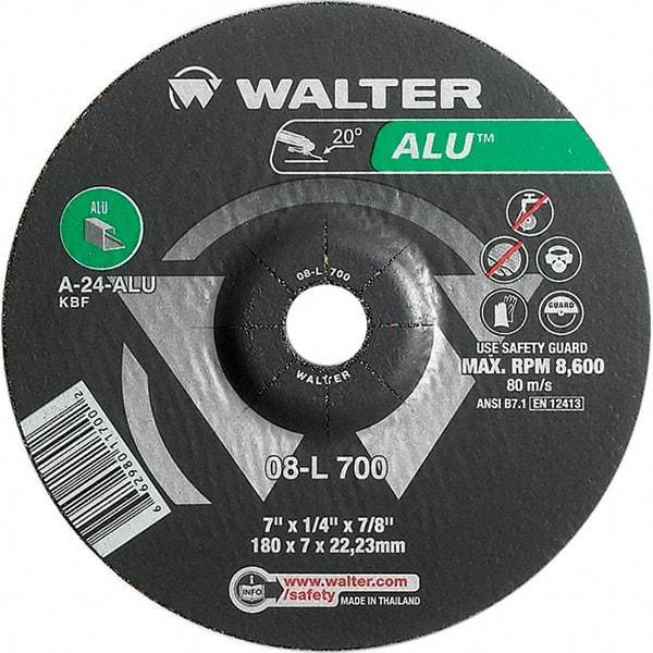 WALTER Surface Technologies - 24 Grit, 7" Wheel Diam, 1/4" Wheel Thickness, 7/8" Arbor Hole, Type 27 Depressed Center Wheel - Aluminum Oxide, Resinoid Bond, 8,600 Max RPM - Eagle Tool & Supply