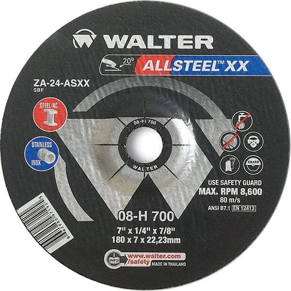 WALTER Surface Technologies - 24 Grit, 7" Wheel Diam, 1/8" Wheel Thickness, 7/8" Arbor Hole, Type 27 Depressed Center Wheel - Aluminum Oxide, Resinoid Bond, 8,600 Max RPM - Eagle Tool & Supply