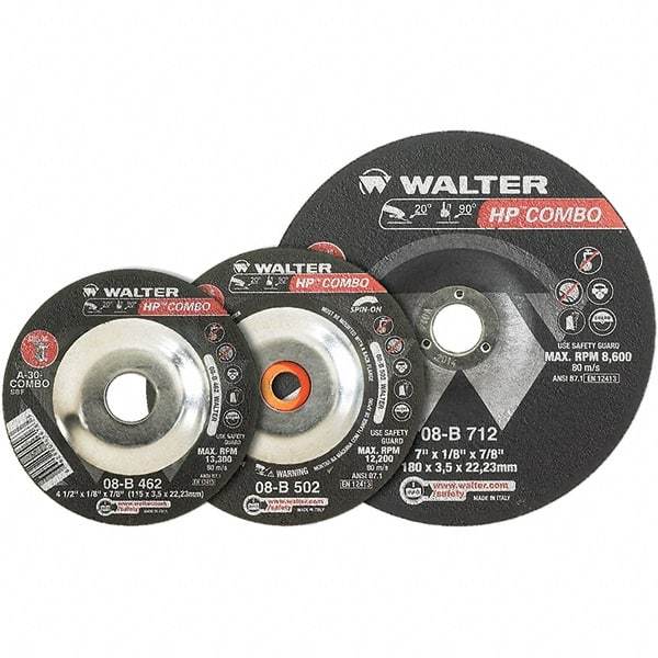 WALTER Surface Technologies - 30 Grit, 7" Wheel Diam, 1/8" Wheel Thickness, Type 27 Depressed Center Wheel - Aluminum Oxide, Resinoid Bond, 8,600 Max RPM - Eagle Tool & Supply