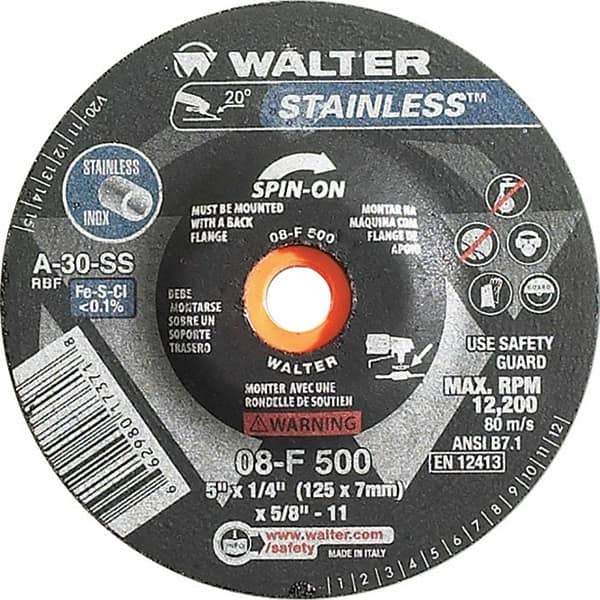 WALTER Surface Technologies - 30 Grit, 5" Wheel Diam, 1/4" Wheel Thickness, Type 27 Depressed Center Wheel - Aluminum Oxide, Resinoid Bond, 12,200 Max RPM - Eagle Tool & Supply
