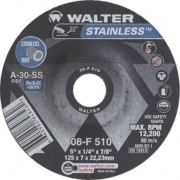 WALTER Surface Technologies - 30 Grit, 5" Wheel Diam, 1/4" Wheel Thickness, 7/8" Arbor Hole, Type 27 Depressed Center Wheel - Aluminum Oxide, Resinoid Bond, 12,200 Max RPM - Eagle Tool & Supply