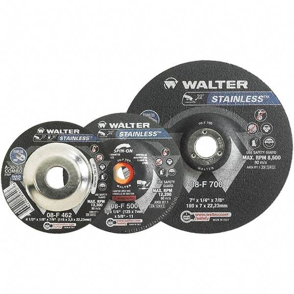 WALTER Surface Technologies - 30 Grit, 6" Wheel Diam, 1/8" Wheel Thickness, 7/8" Arbor Hole, Type 27 Depressed Center Wheel - Aluminum Oxide, Resinoid Bond, 10,200 Max RPM - Eagle Tool & Supply