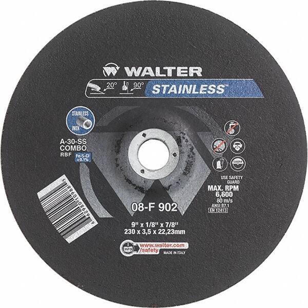 WALTER Surface Technologies - 30 Grit, 9" Wheel Diam, 1/8" Wheel Thickness, 7/8" Arbor Hole, Type 27 Depressed Center Wheel - Aluminum Oxide, Resinoid Bond, 6,600 Max RPM - Eagle Tool & Supply