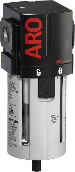 ARO/Ingersoll-Rand - 1/2" Port, 7.047" High x 2.874" Wide Standard Filter with Polycarbonate Bowl, Manual Drain - 197 SCFM, 150 Max psi, 125°F Max Temp, Modular Connection, Bowl Guard, 1.9 oz Bowl Capacity - Eagle Tool & Supply
