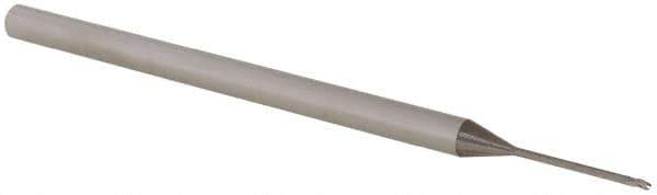 Accupro - 0.03" Diam, 0.045" LOC, 3 Flute Solid Carbide Ball End Mill - Uncoated, Single End, 2-1/2" OAL, 1/8" Shank Diam, Spiral Flute - Eagle Tool & Supply